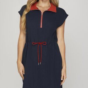 SHE + SKY NAVY SHIRT DRESS WITH RED TRIM ACCENT & DRAWSTRING WAIST